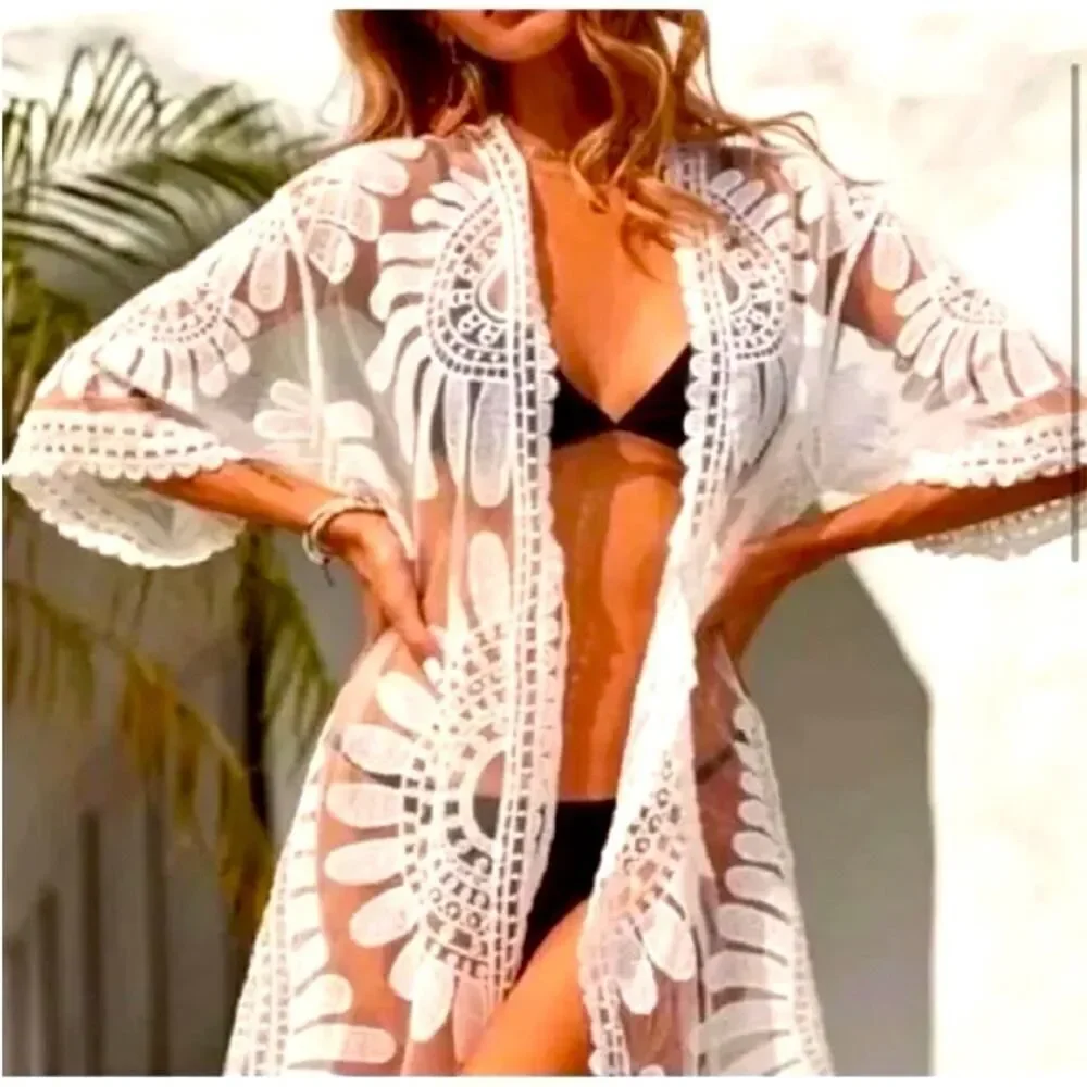 Rebellion Again Blue & White Lace Cover Up Kimono in Floral Medallion Sz S NWOT